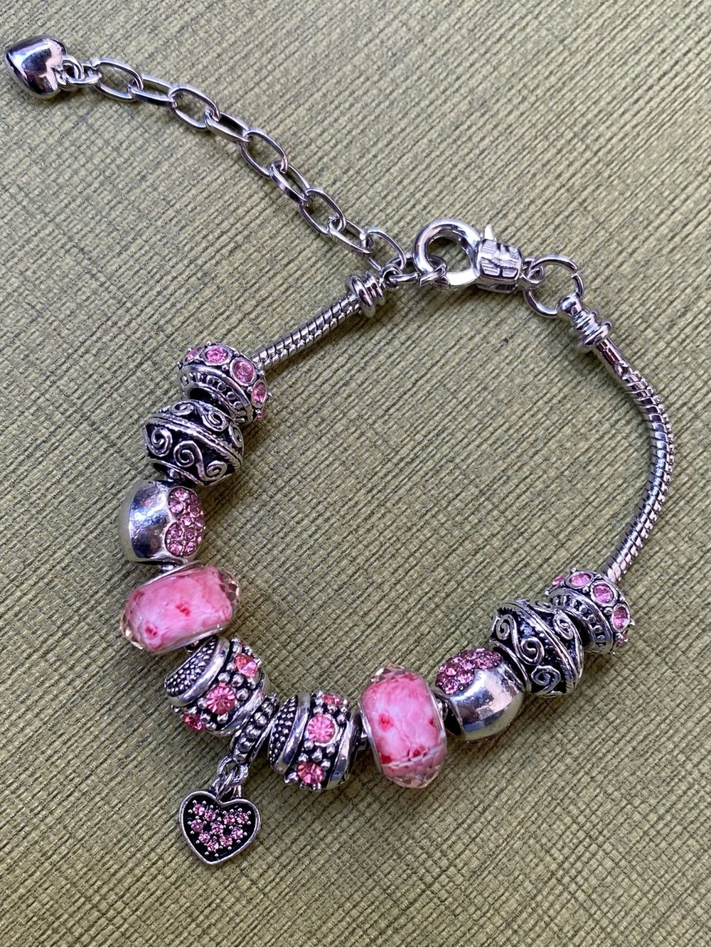 Silver Charm Bracelet with Pink Beads and Heart Pendant